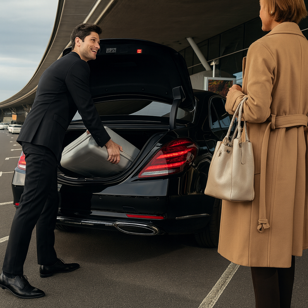 Chauffeur loading luggage into luxury sedan at airport curbside