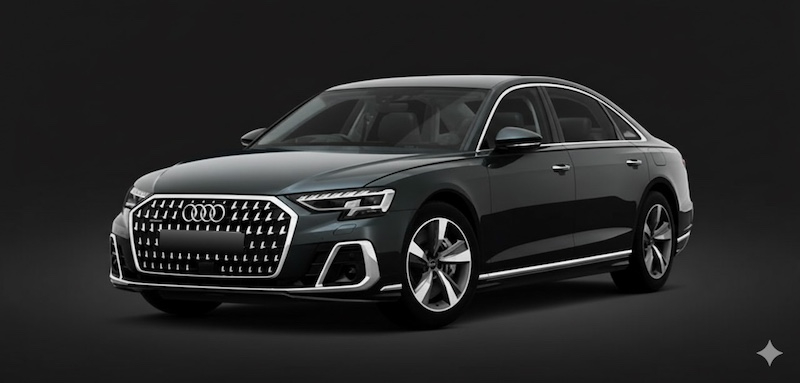 Black luxury Audi A8 sedan on display, ideal for premium chauffeur service