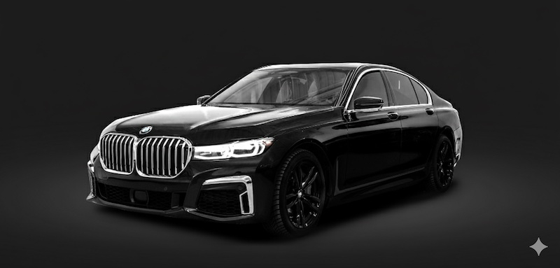 Luxurious black BMW 7 Series sedan for chauffeur service.
