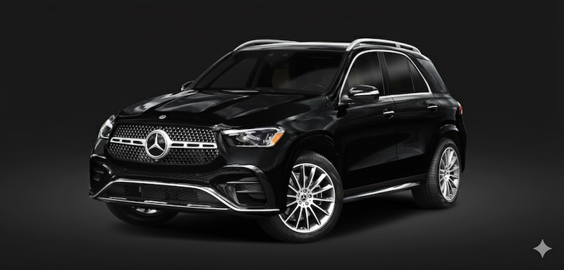 Black Mercedes GLE SUV from Marquee Limousines on black background.