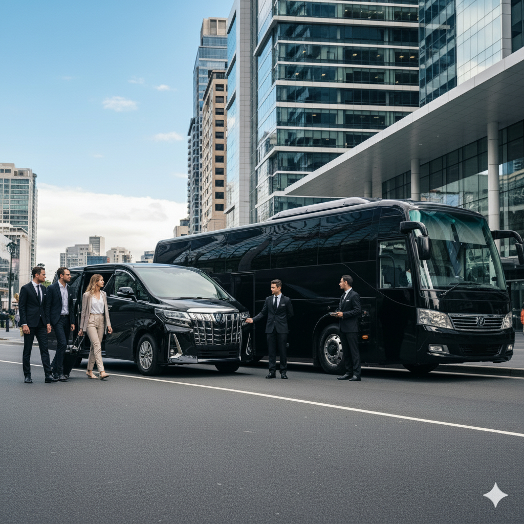 Business professionals exit luxury van with chauffeur on city street.