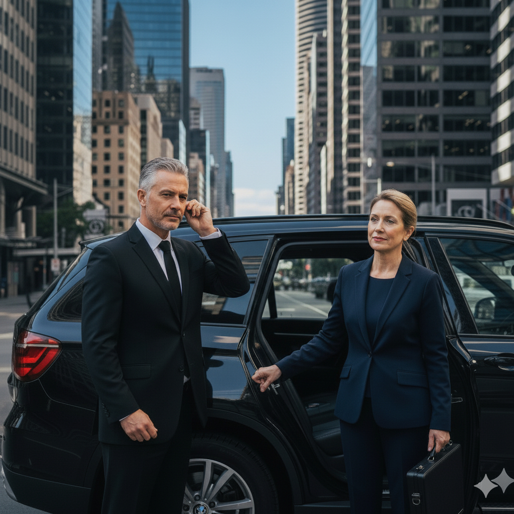 Travel Security Services. Luxury vehicle in a city setting.