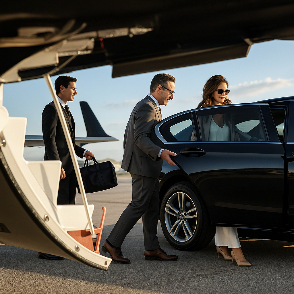 Chauffeur assisting client into luxury car at airport, Marquee Limousines