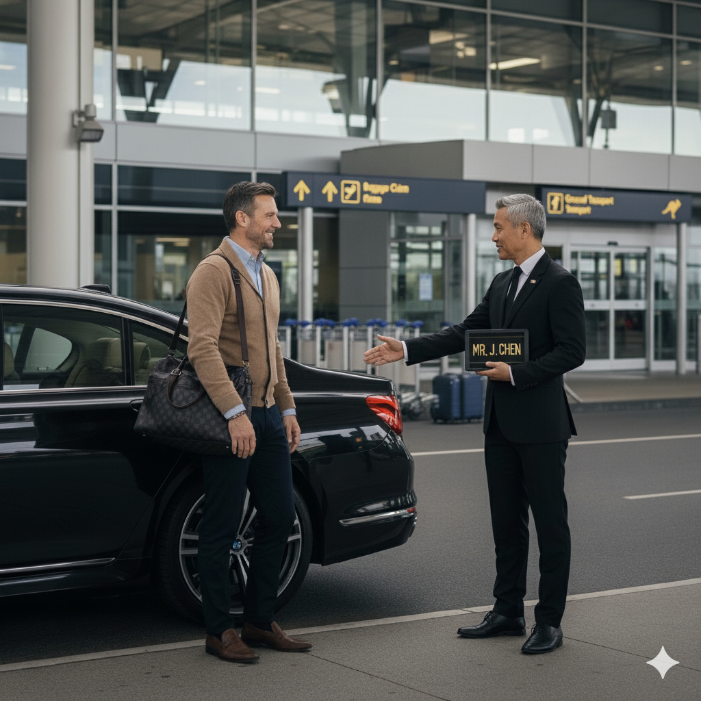 Chauffeur greeting client for Marquee Limousines airport transfer.