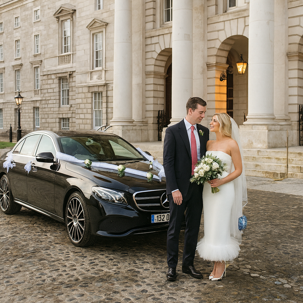 Bride and groom beside luxury black sedan for wedding transport