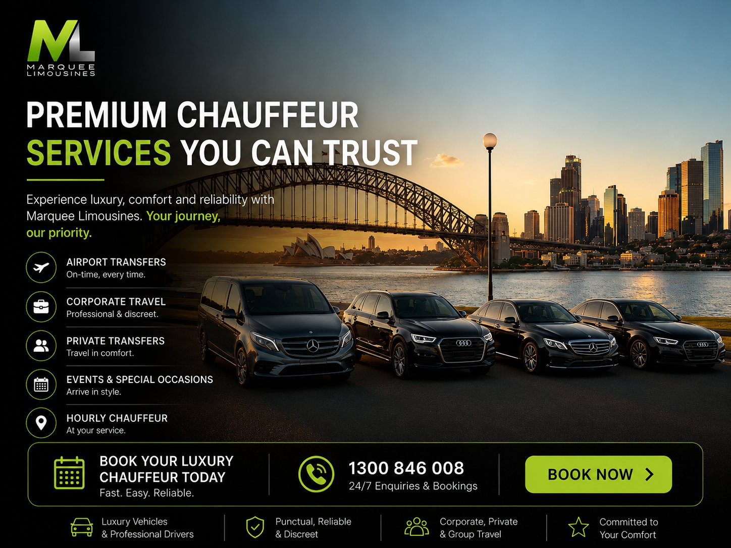 Marquee Limousines premium chauffeur fleet with Sydney Harbour Bridge - Book airport transfers, corporate travel, private transfers, events and hourly chauffeur services